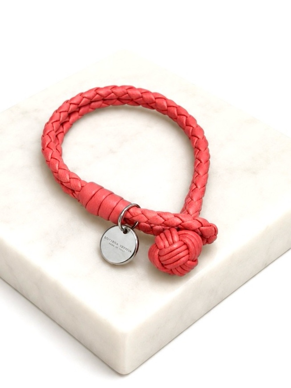 Bottega Veneta Intrecciato Pink Leather & 925 Silver Charm Knot Bracelet $550